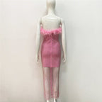 Off-Shoulder Feathered Pink Bandage Dress H6384