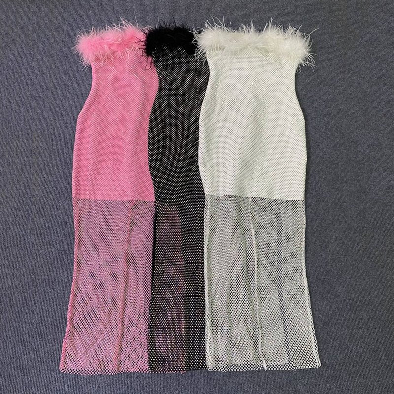 Off-Shoulder Feathered Pink Bandage Dress H6384