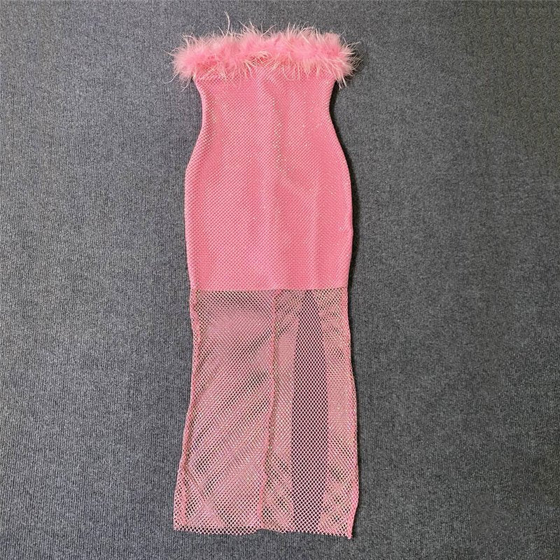 Off-Shoulder Feathered Pink Bandage Dress H6384