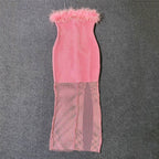 Off-Shoulder Feathered Pink Bandage Dress H6384