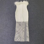 Off-Shoulder Feathered Pink Bandage Dress H6384