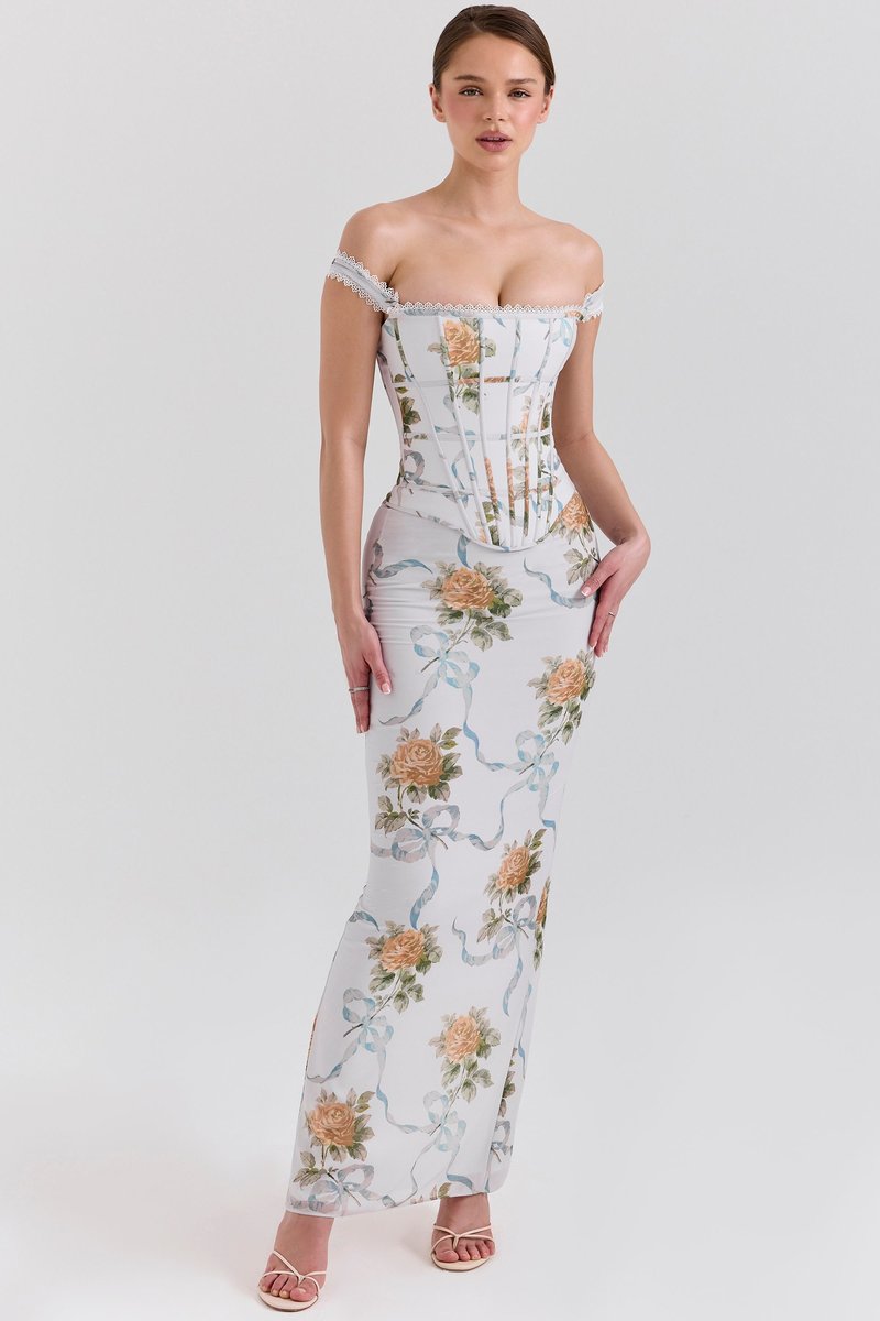 Off-Shoulder Floral Corset Maxi Dress H7147