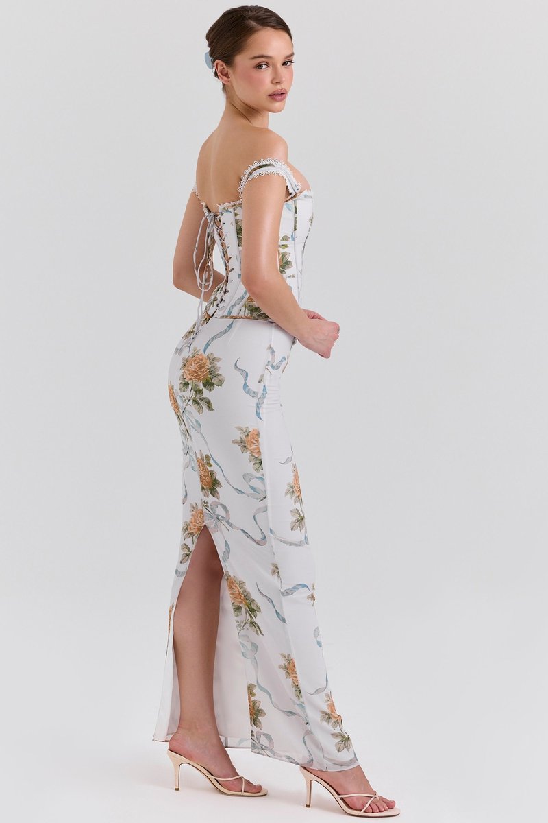 Off-Shoulder Floral Corset Maxi Dress H7147