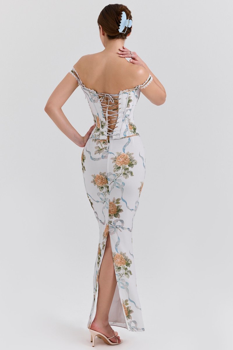 Off-Shoulder Floral Corset Maxi Dress H7147