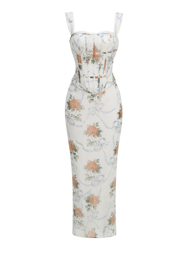 Off-Shoulder Floral Corset Maxi Dress H7147