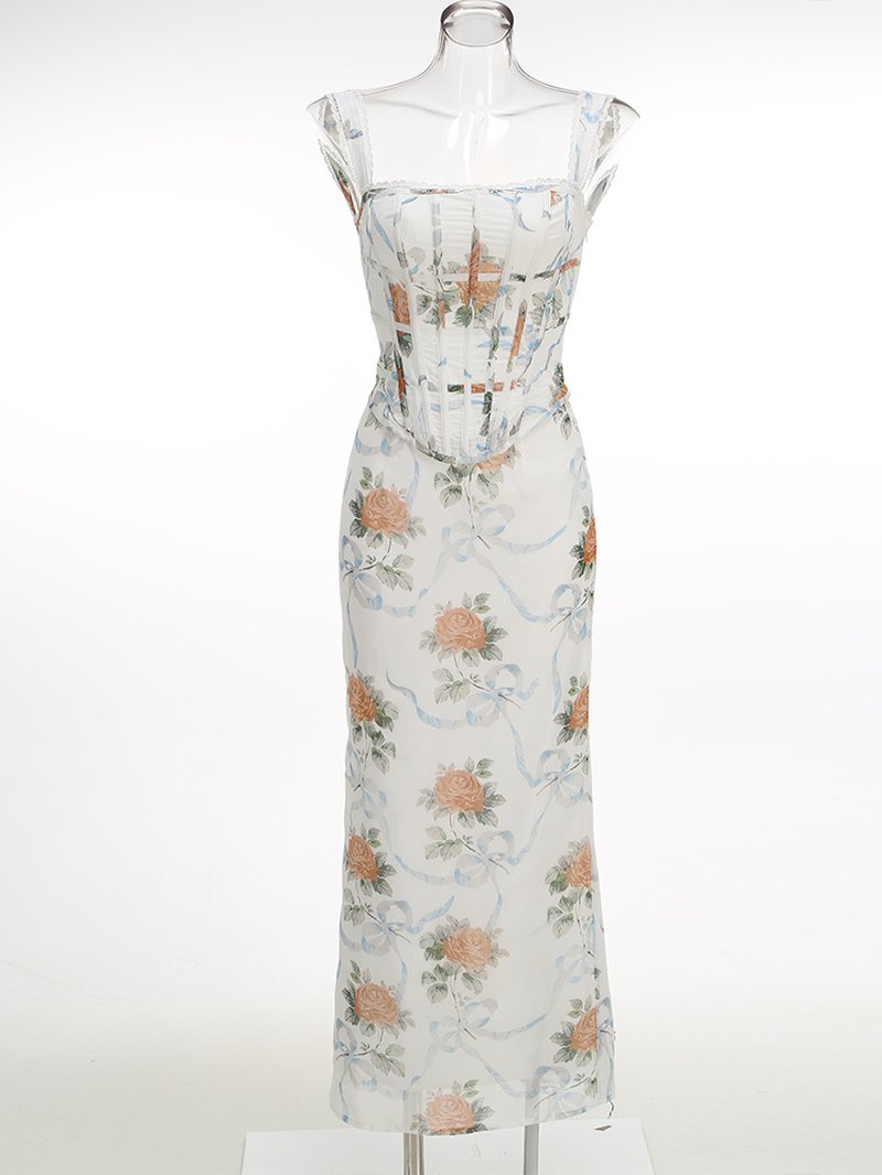 Off-Shoulder Floral Corset Maxi Dress H7147