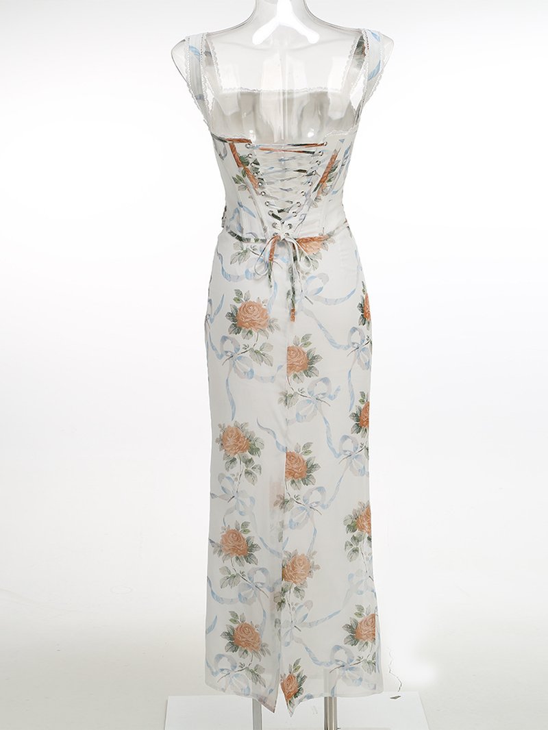 Off-Shoulder Floral Corset Maxi Dress H7147