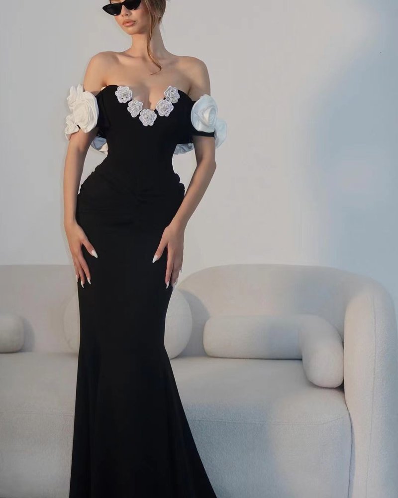 Off Shoulder Floral Embellished Gown H6447