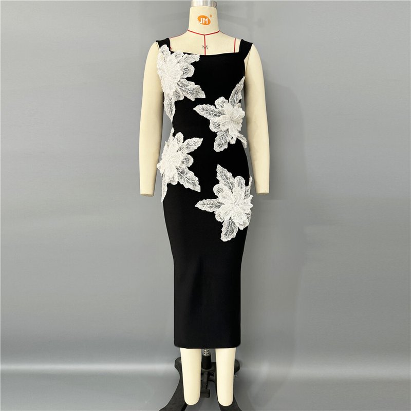 Off Shoulder Floral Embroidered Midi Dress H6753