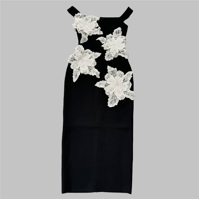 Off Shoulder Floral Embroidered Midi Dress H6753