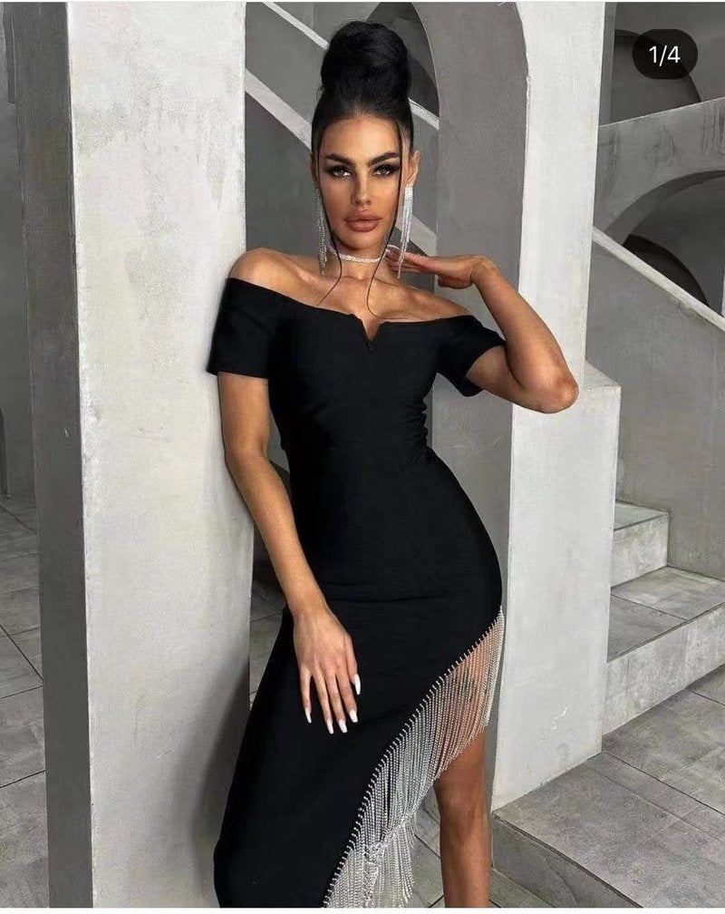 Off Shoulder Fringe Midi Dress H5815
