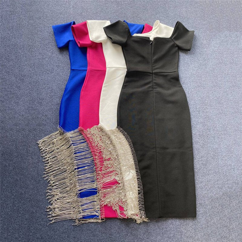 Off Shoulder Fringe Midi Dress H5815