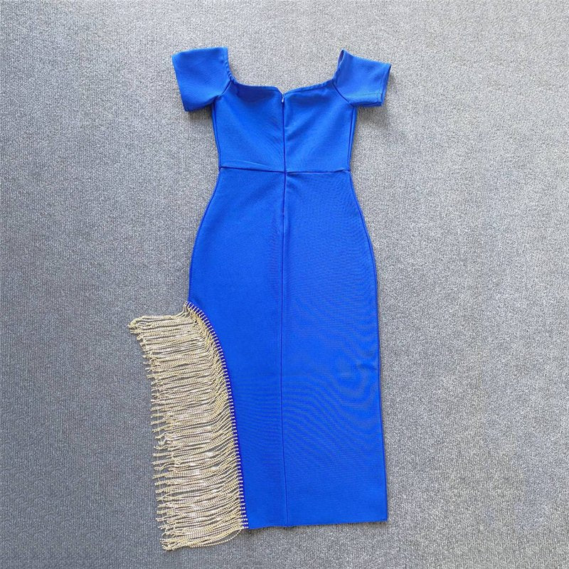 Off Shoulder Fringe Midi Dress H5815