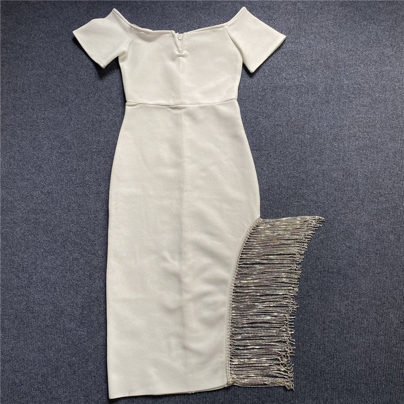Off Shoulder Fringe Midi Dress H5815