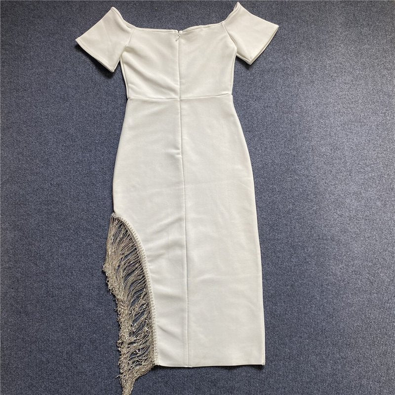 Off Shoulder Fringe Midi Dress H5815