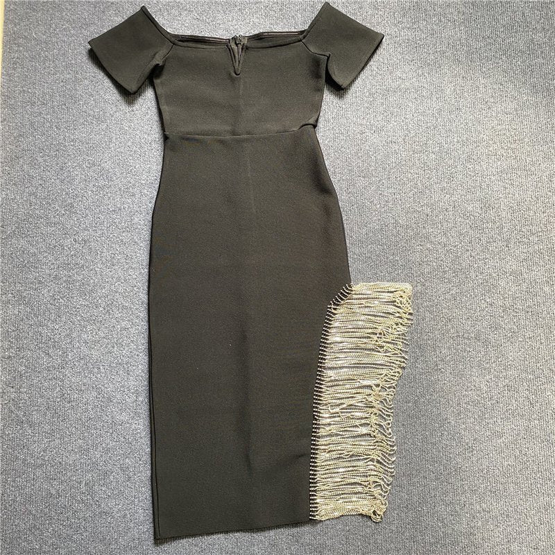 Off Shoulder Fringe Midi Dress H5815
