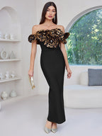 Off-Shoulder Leopard Ruffle Midi Dress H6686