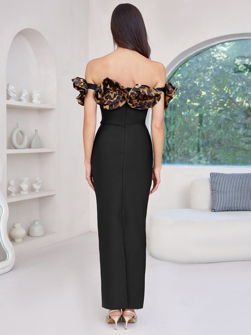 Off-Shoulder Leopard Ruffle Midi Dress H6686