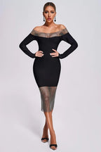 Off Shoulder Mesh Panel Bandage Dress H6039