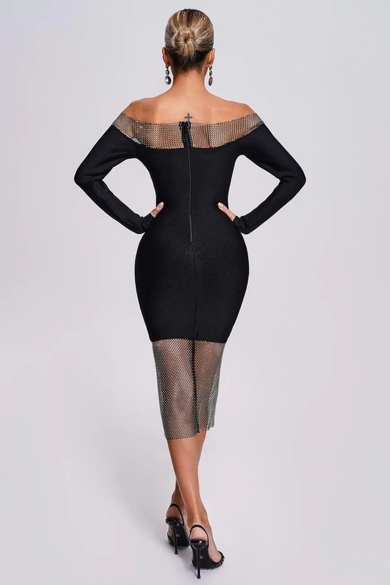 Off Shoulder Mesh Panel Bandage Dress H6039