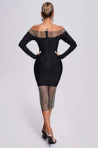 Off Shoulder Mesh Panel Bandage Dress H6039