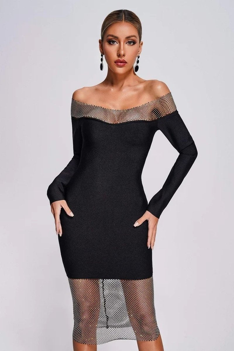 Off Shoulder Mesh Panel Bandage Dress H6039