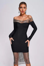 Off Shoulder Mesh Panel Bandage Dress H6039