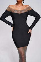 Off Shoulder Mesh Panel Bandage Dress H6039