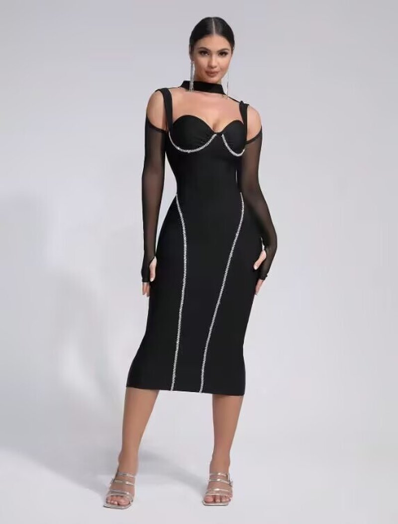Off Shoulder Mesh Sleeve Bandage Dress H6544