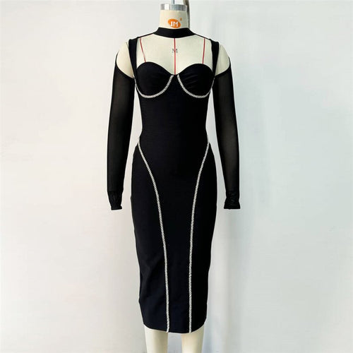 Off Shoulder Mesh Sleeve Bandage Dress H6544