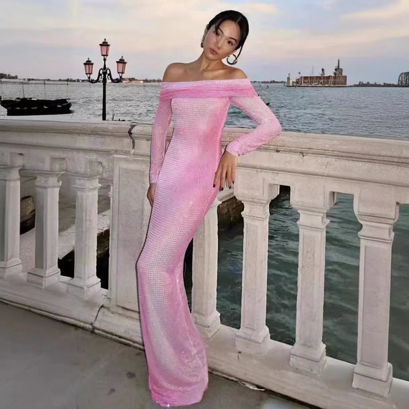 Off Shoulder Ombre Mesh Gown H6200