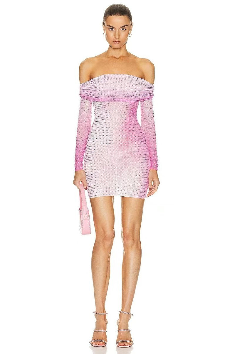 Off-Shoulder Ombre Mesh Mini Dress H6238