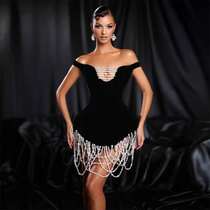 Off-Shoulder Pearl Beaded Mini Dress H6809