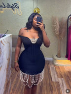 Off-Shoulder Pearl Beaded Mini Dress H6809