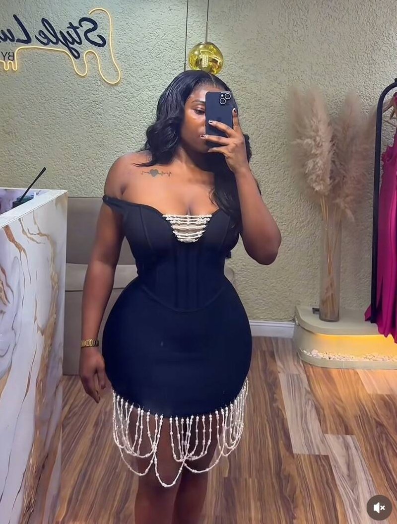 Off-Shoulder Pearl Beaded Mini Dress H6809