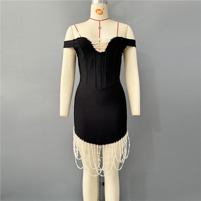 Off-Shoulder Pearl Beaded Mini Dress H6809