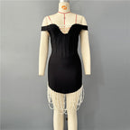 Off-Shoulder Pearl Beaded Mini Dress H6809