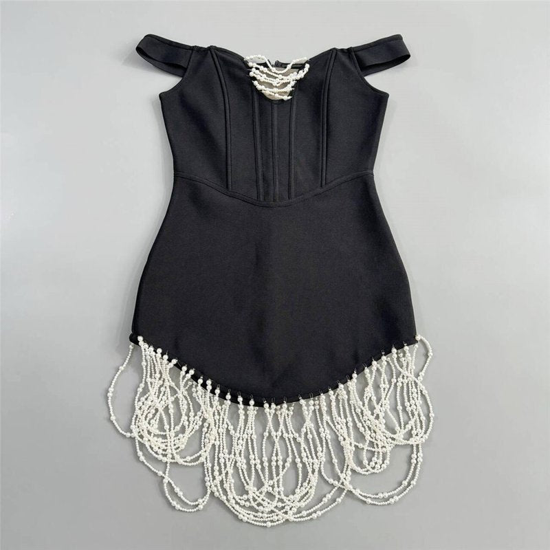 Off-Shoulder Pearl Beaded Mini Dress H6809
