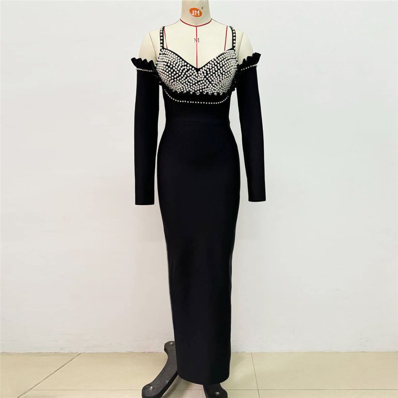 Off-Shoulder Pearl Embellished Velvet Gown H6451