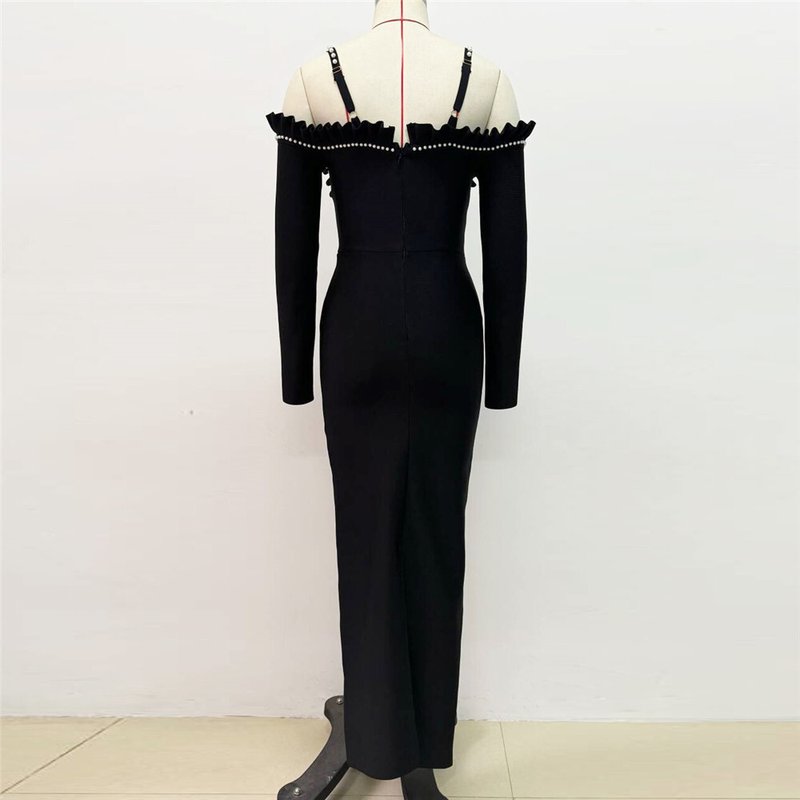 Off-Shoulder Pearl Embellished Velvet Gown H6451
