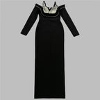 Off-Shoulder Pearl Embellished Velvet Gown H6451