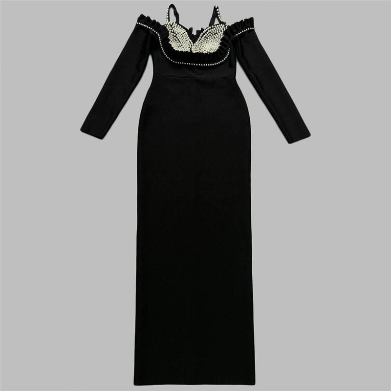 Off-Shoulder Pearl Embellished Velvet Gown H6451