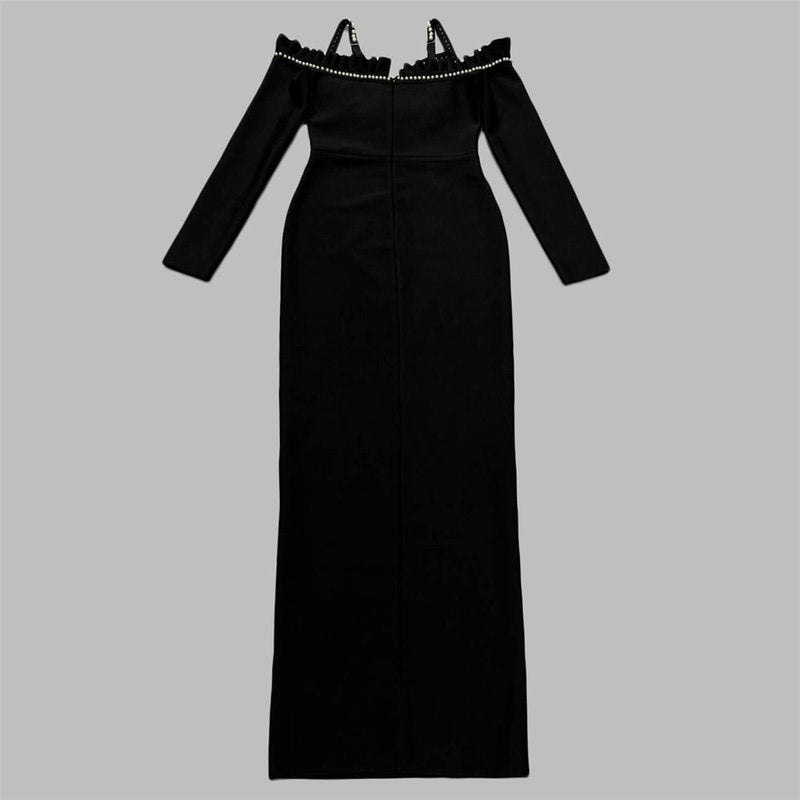 Off-Shoulder Pearl Embellished Velvet Gown H6451