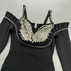 Off-Shoulder Pearl Embellished Velvet Gown H6451