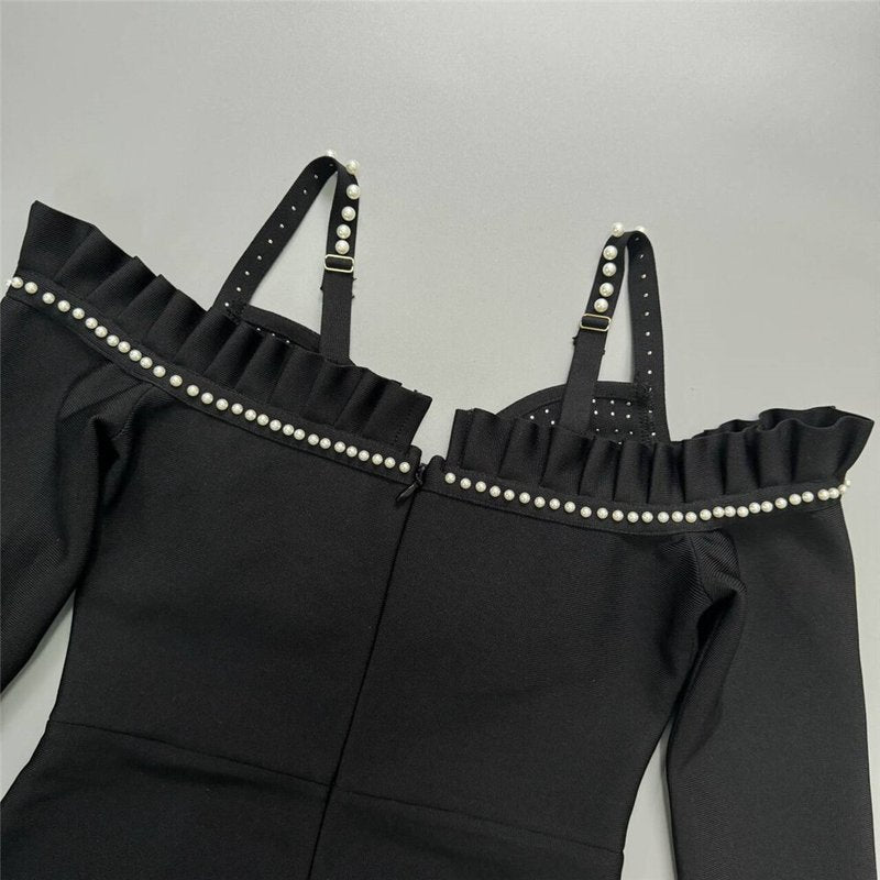 Off-Shoulder Pearl Embellished Velvet Gown H6451