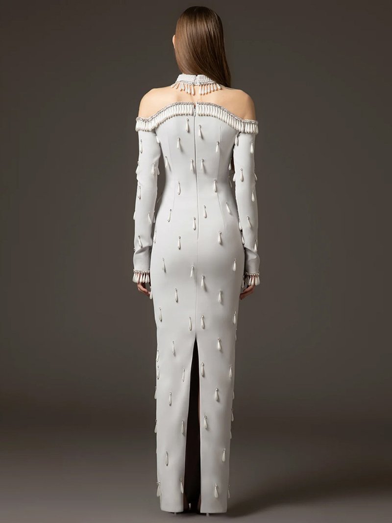 Off-Shoulder Pearl Tassel Gown H6733