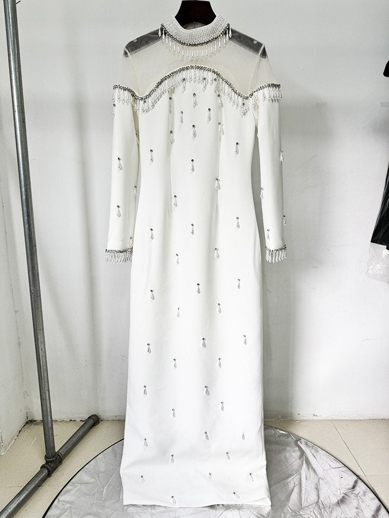Off-Shoulder Pearl Tassel Gown H6733