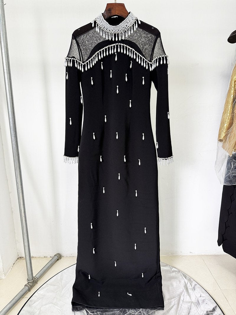 Off-Shoulder Pearl Tassel Gown H6733