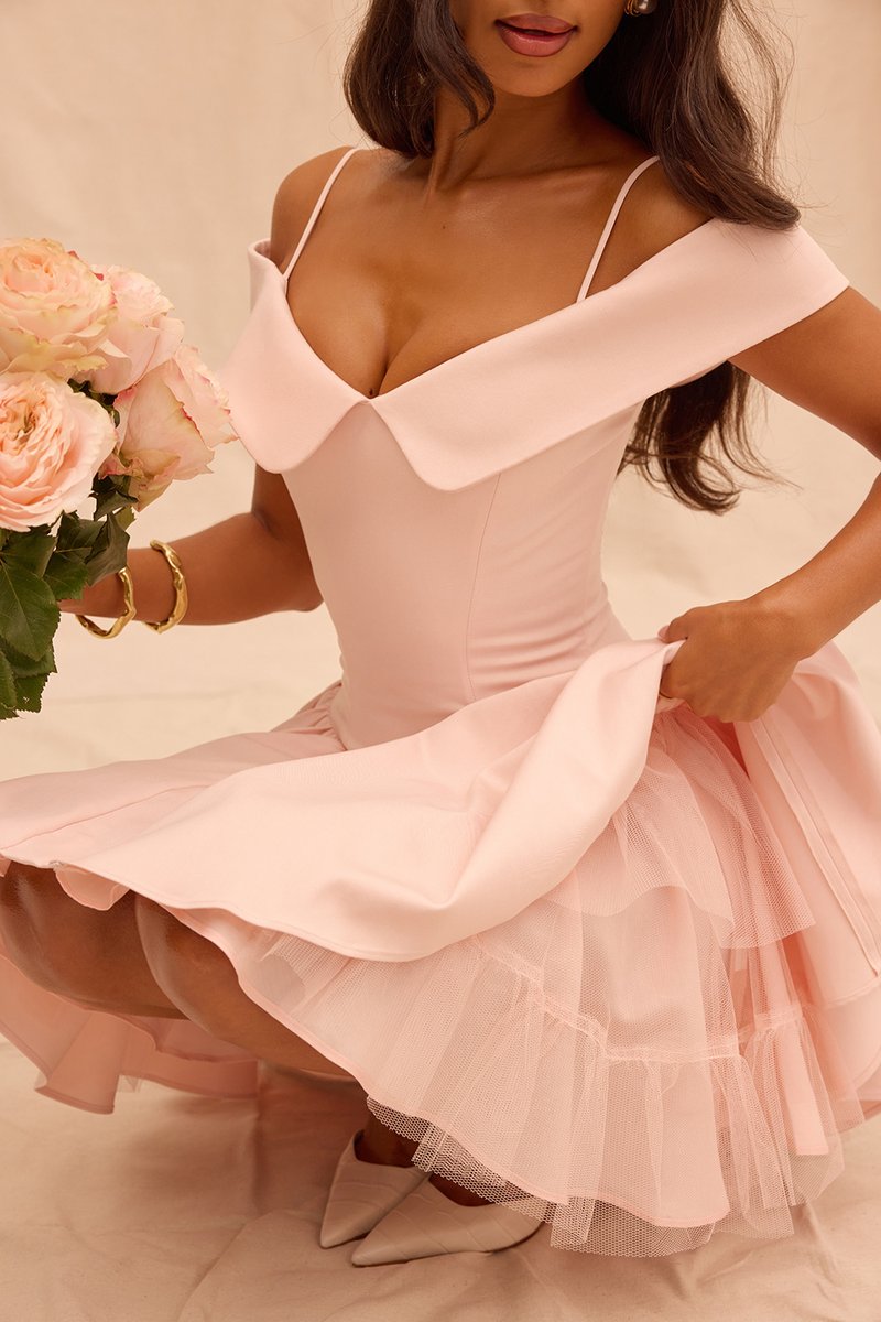 Off-Shoulder Pink Satin Midi Dress H6292
