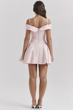 Off-Shoulder Pink Satin Midi Dress H6292
